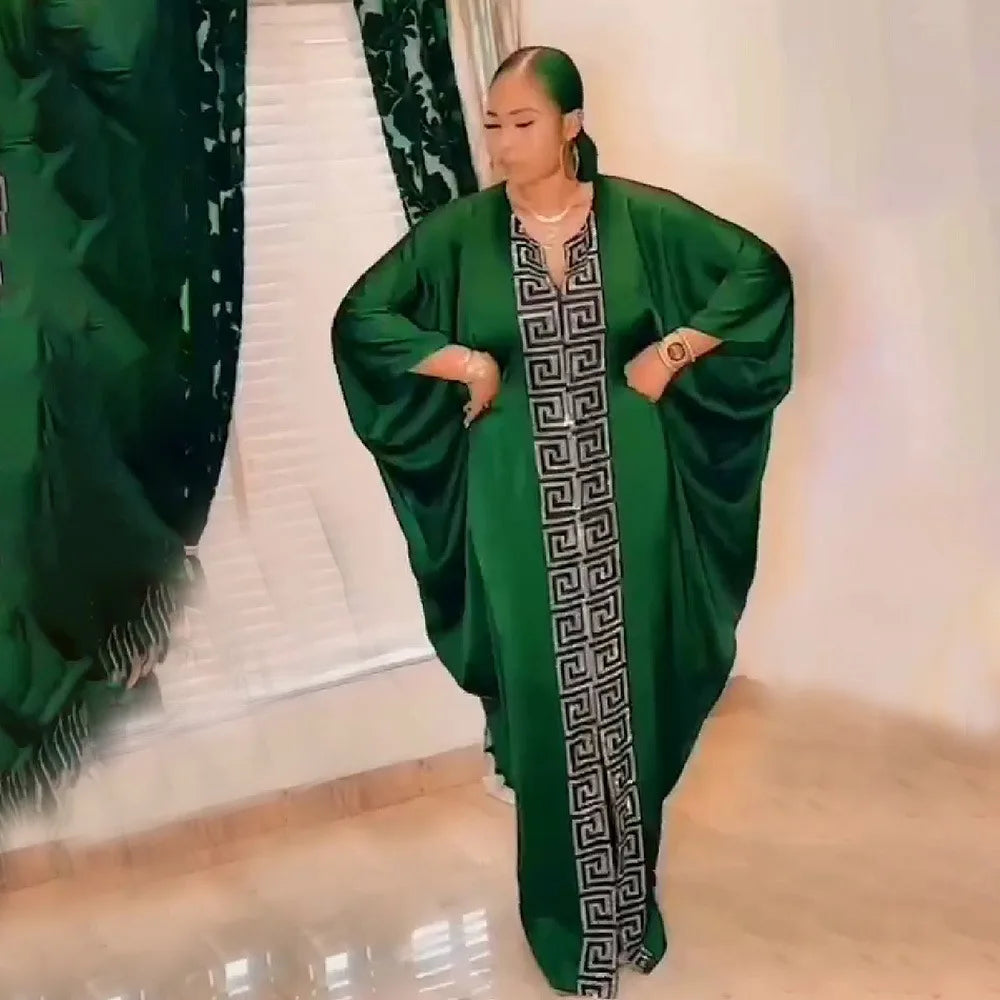 Elegant plus size African women bat sleeve V-neck maxi dress with diamond detailing, ideal for Muslim style abaya lovers.