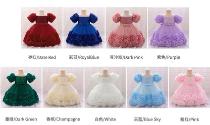 Elegant girls 3D floral party dress in tulle, perfect for ages 4-10, ideal for weddings and special occasions.