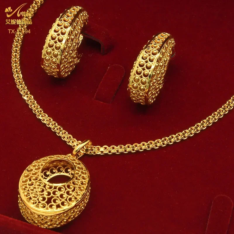 The complete 24K gold-plated copper jewelry set featuring a striking geometric necklace and matching earrings, ideal for weddings and special events.