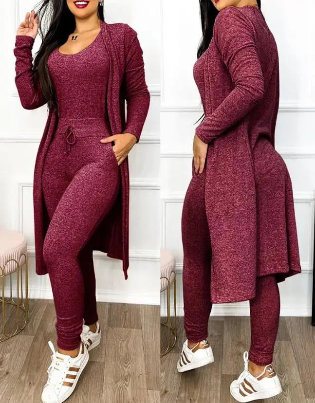 Elegant women's two-piece jumpsuit set featuring a sleeveless design paired with a long sleeve coat, high waist silhouette, and stylish drawstring pockets, perfect for sophisticated summer outings.