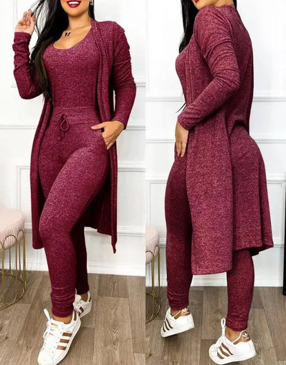 Elegant women's two-piece jumpsuit set featuring a sleeveless design paired with a long sleeve coat, high waist silhouette, and stylish drawstring pockets, perfect for sophisticated summer outings.