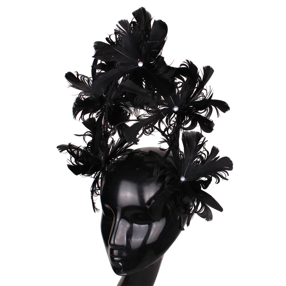 Luxurious blue feather fascinator headband showcasing intricate details, ideal for enhancing bridal hairstyles.