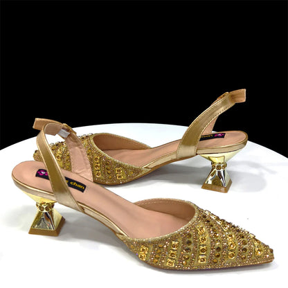 Chic handbag set matching women's high heel pumps, adorned with rhinestones for an exquisite summer party style.