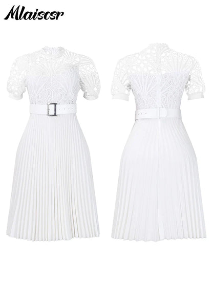 Close-up of delicate lace detailing on the Mlaiscsr Luxury Pleated Dress, showcasing the luxurious craftsmanship.