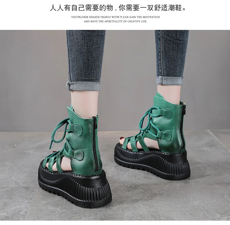 Koznoy luxury wedge ankle booties for women, made from premium cow leather with a round toe and fashionable ethnic styling, ideal for sophisticated summer looks.