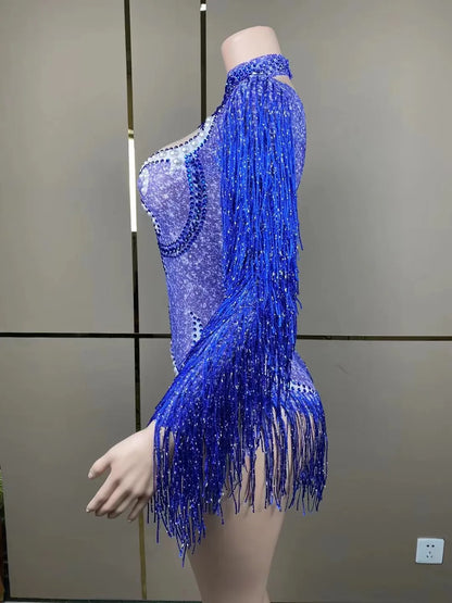 Dancer wearing the Luxury Cha-Cha Dance Practice Suit, demonstrating stylish choreography with a focus on the suit's delicate fringe and fit.