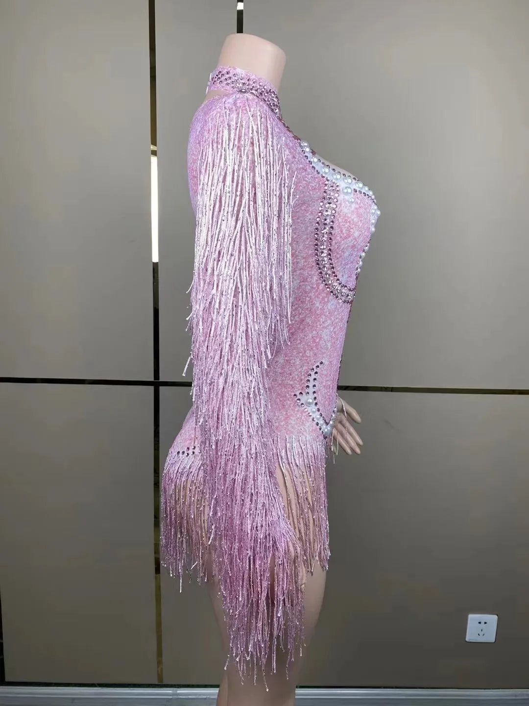 Full view of the stylish luxury cha-cha dance practice outfit, showcasing the flowy skirt and chic design, perfect for dance enthusiasts.