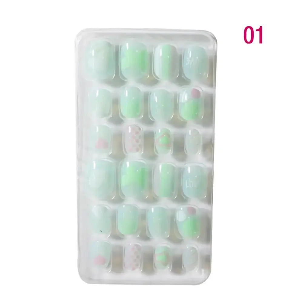 Charming collection of 24 pieces of luxury acrylic false nails with pastel candy flower motifs, ideal for enhancing children's nail style.