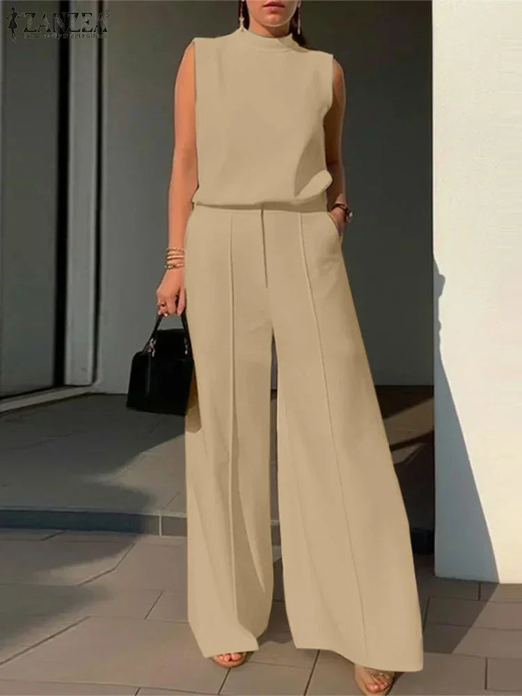 Stylish women's outfit comprising a luxurious tank top and flattering wide leg pants, ideal for sophisticated summer occasions.