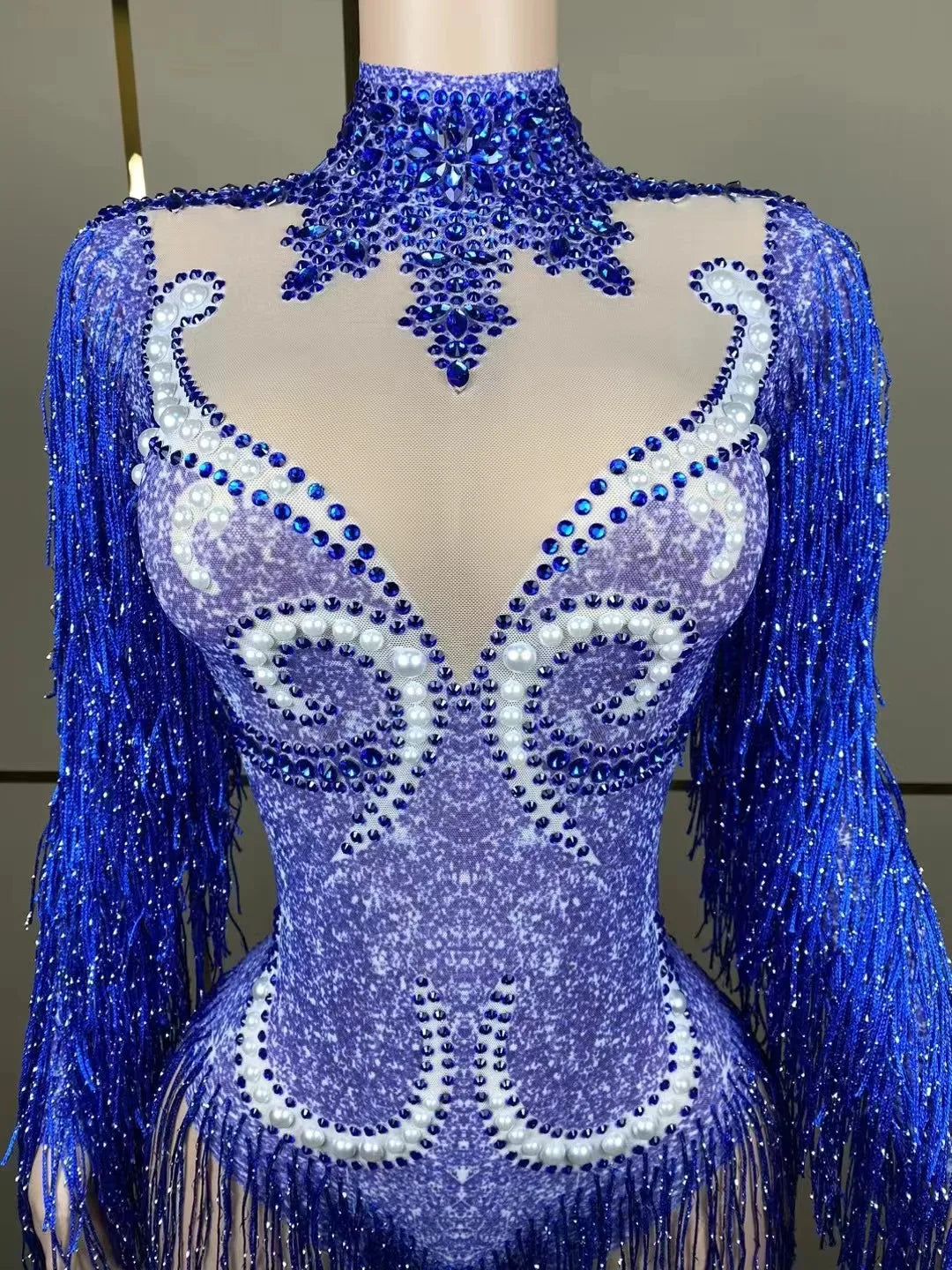 Close-up view of the luxurious pearl accents on the Women's Cha-Cha Dance Practice Suit, highlighting its premium quality and elegant design.