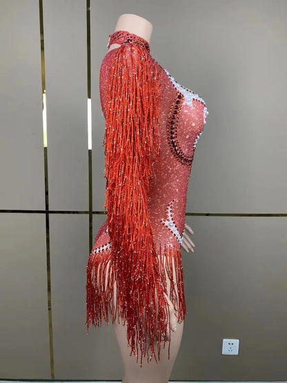 Back view of the luxury women's cha-cha dance practice suit demonstrating the exquisite construction and elegant movement of the fringe skirt.