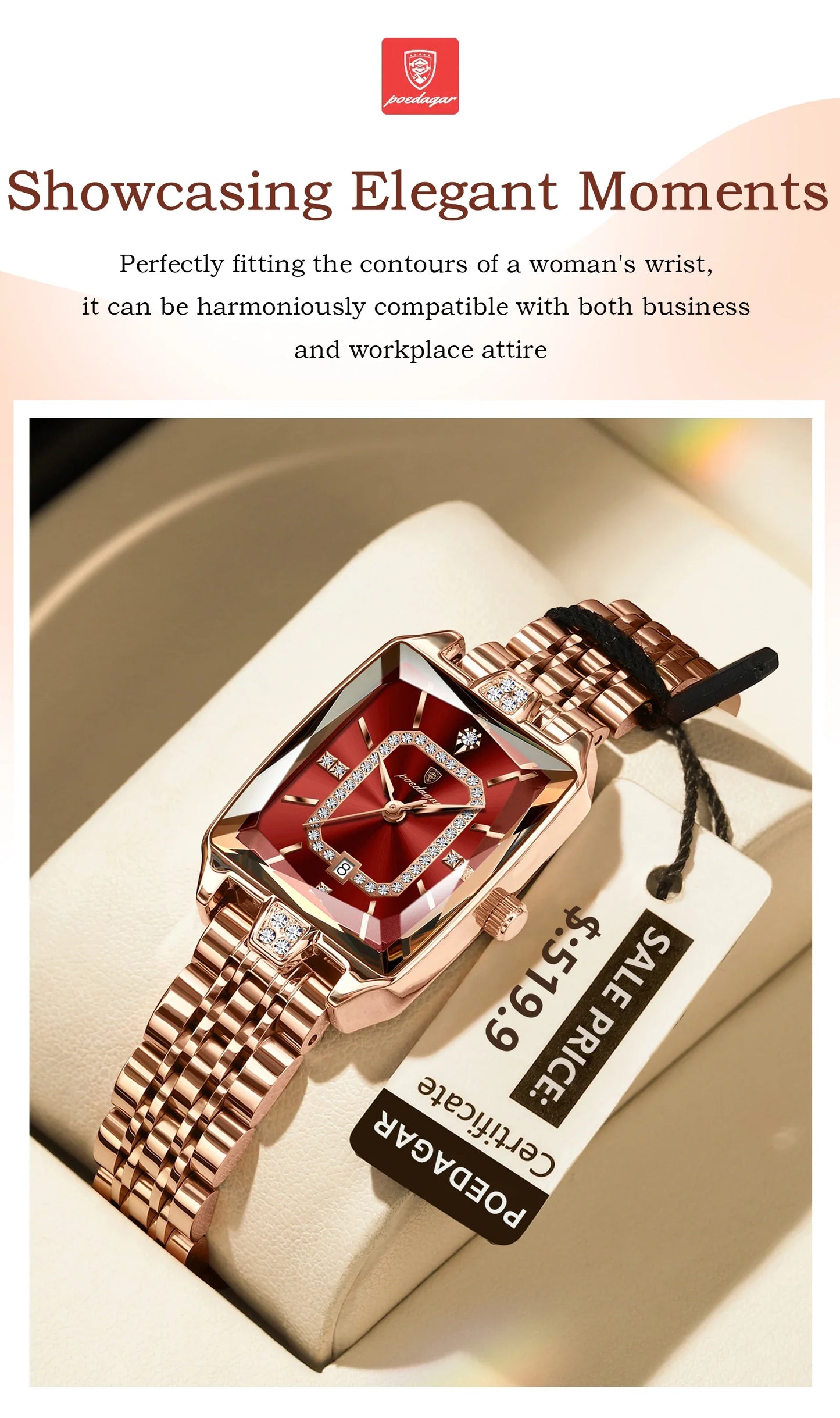 POEDAGAR quartz watch for women displayed on a soft surface, highlighting its luxury appeal and waterproof features, making it a perfect accessory for any occasion.