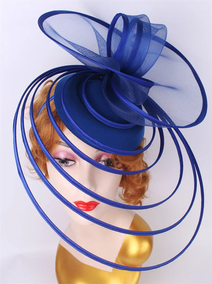 Exquisite women’s fascinator hat in a stunning royal Ascot style, featuring intricate mesh detailing ideal for classy wedding celebrations.