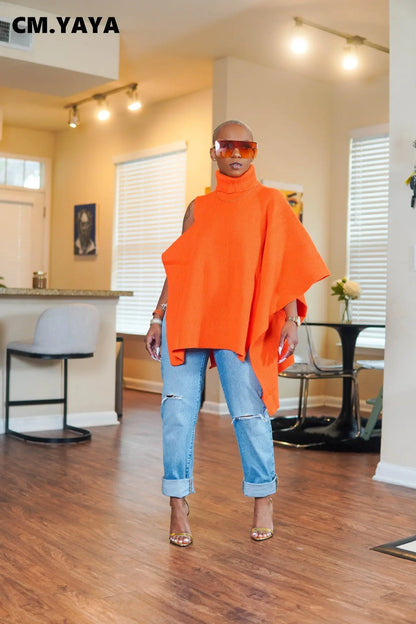 Close-up of CM.YAYA Women's elegant turtleneck sweater showcasing exquisite knit texture and stylish hollow-out details for winter fashion.