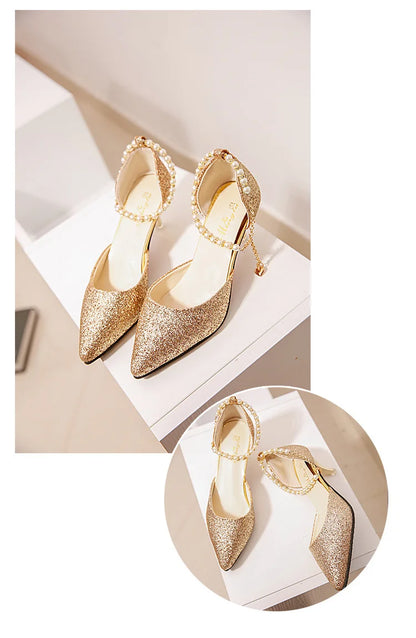 Sophisticated high heels mules made from sequined cloth, ideal for special occasions with a sexy silhouette.