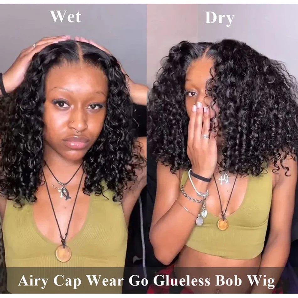 A stunning model wearing a Glueless Water Wave HD Lace Frontal Bob Wig, demonstrating its comfortable fit and radiant wavy curls.