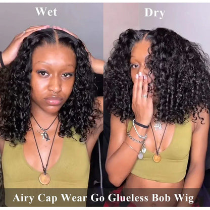 A stunning model wearing a Glueless Water Wave HD Lace Frontal Bob Wig, demonstrating its comfortable fit and radiant wavy curls.