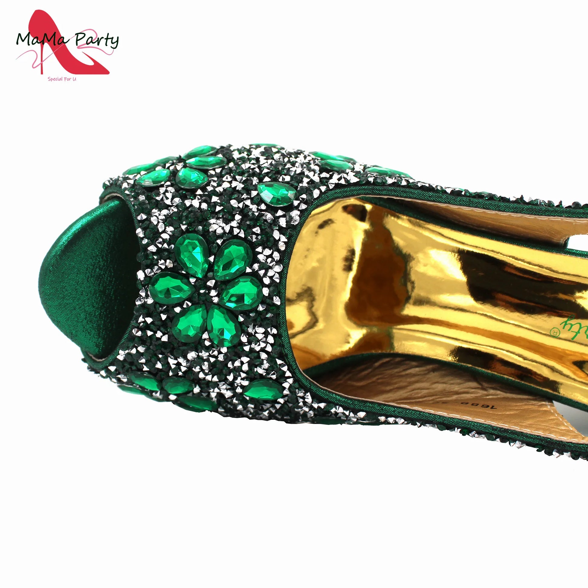 Close-up of crystal detailing on luxury women's peep toe sandals, showcasing exquisite craftsmanship.