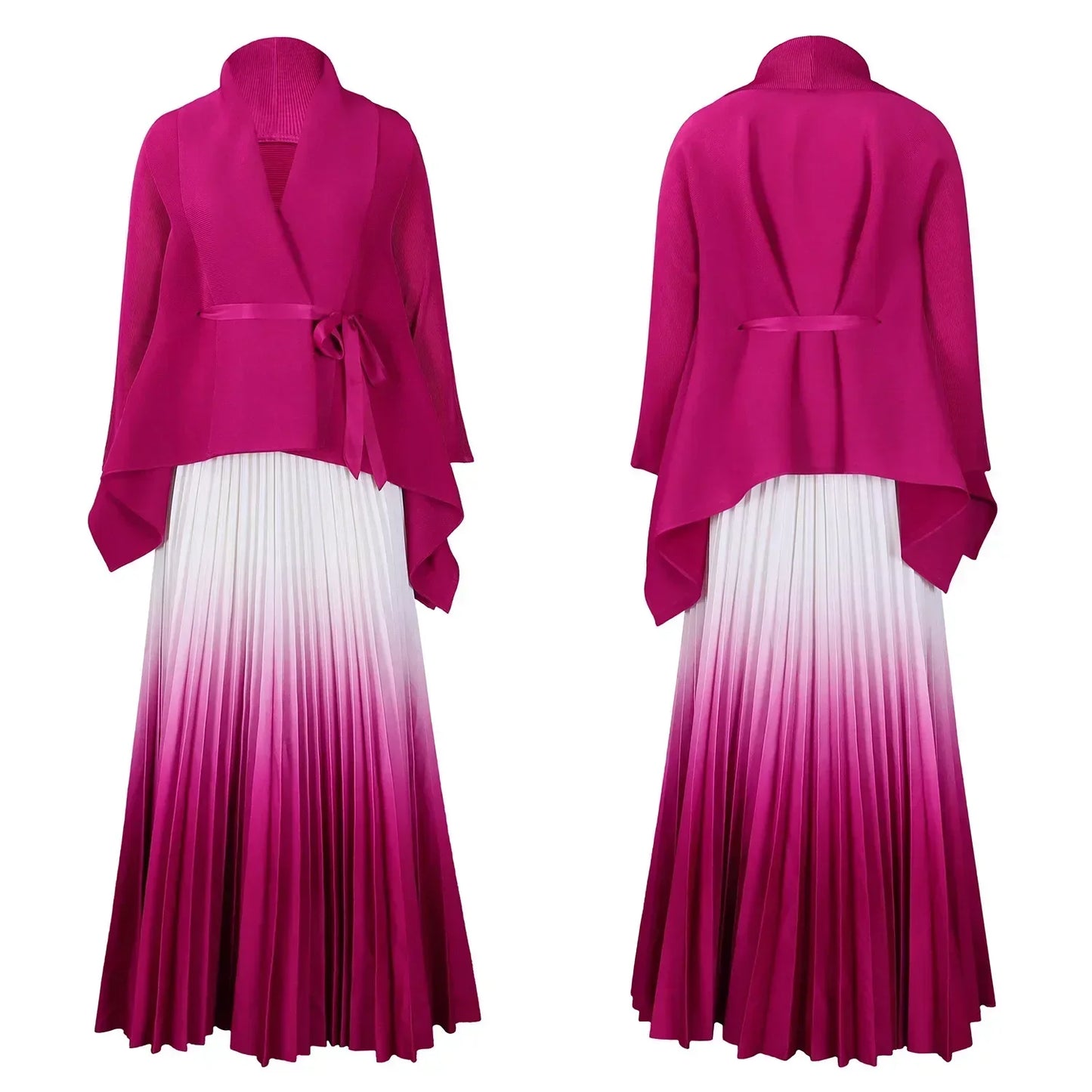 Elegant CM.YAYA Women's Gradient Two-Piece Dress Set with Full Sleeves and Pleated Long Skirt, perfect for middle-aged women seeking high street fashion.