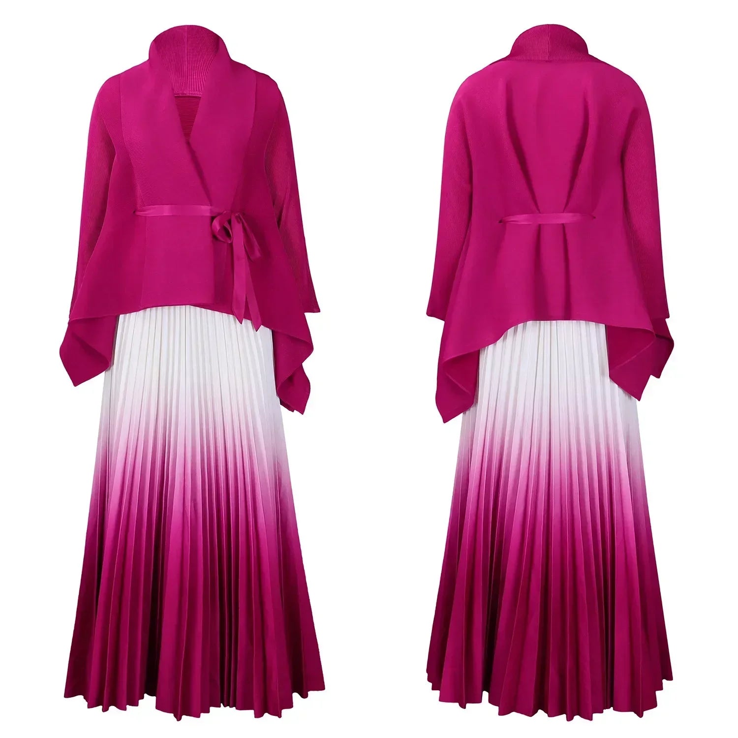 Elegant CM.YAYA Women's Gradient Two-Piece Dress Set with Full Sleeves and Pleated Long Skirt, perfect for middle-aged women seeking high street fashion.