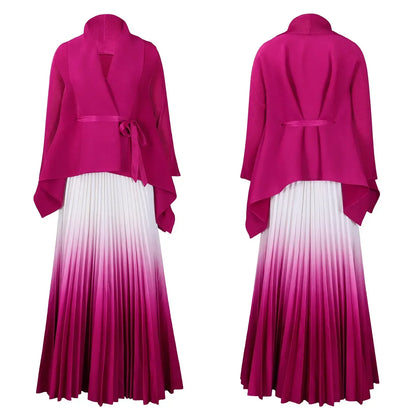 Elegant CM.YAYA Women's Gradient Two-Piece Dress Set with Full Sleeves and Pleated Long Skirt, perfect for middle-aged women seeking high street fashion.