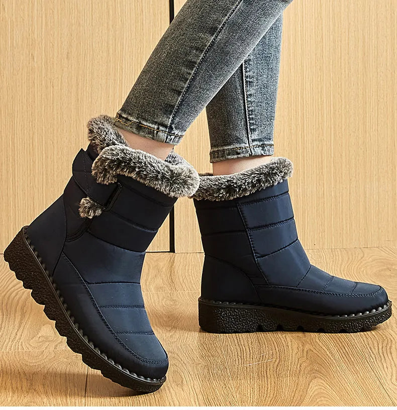 Stylish Korean-style ankle snow boots for women, showcasing elegant sewing details and plush lining for warmth and comfort.