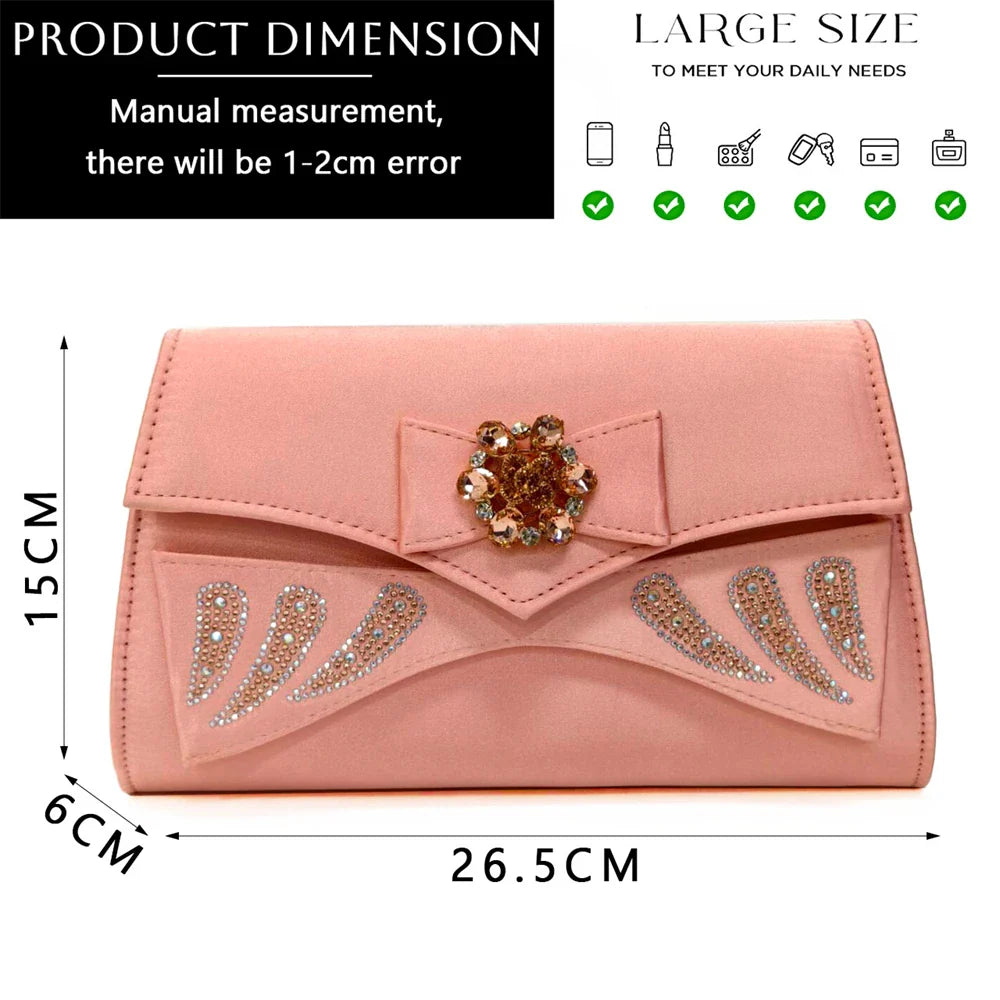 Chic matching handbag from the Venus Chan Bow Rhinestones set, beautifully crafted in purple to complement the high heels for a sophisticated women’s fashion ensemble.