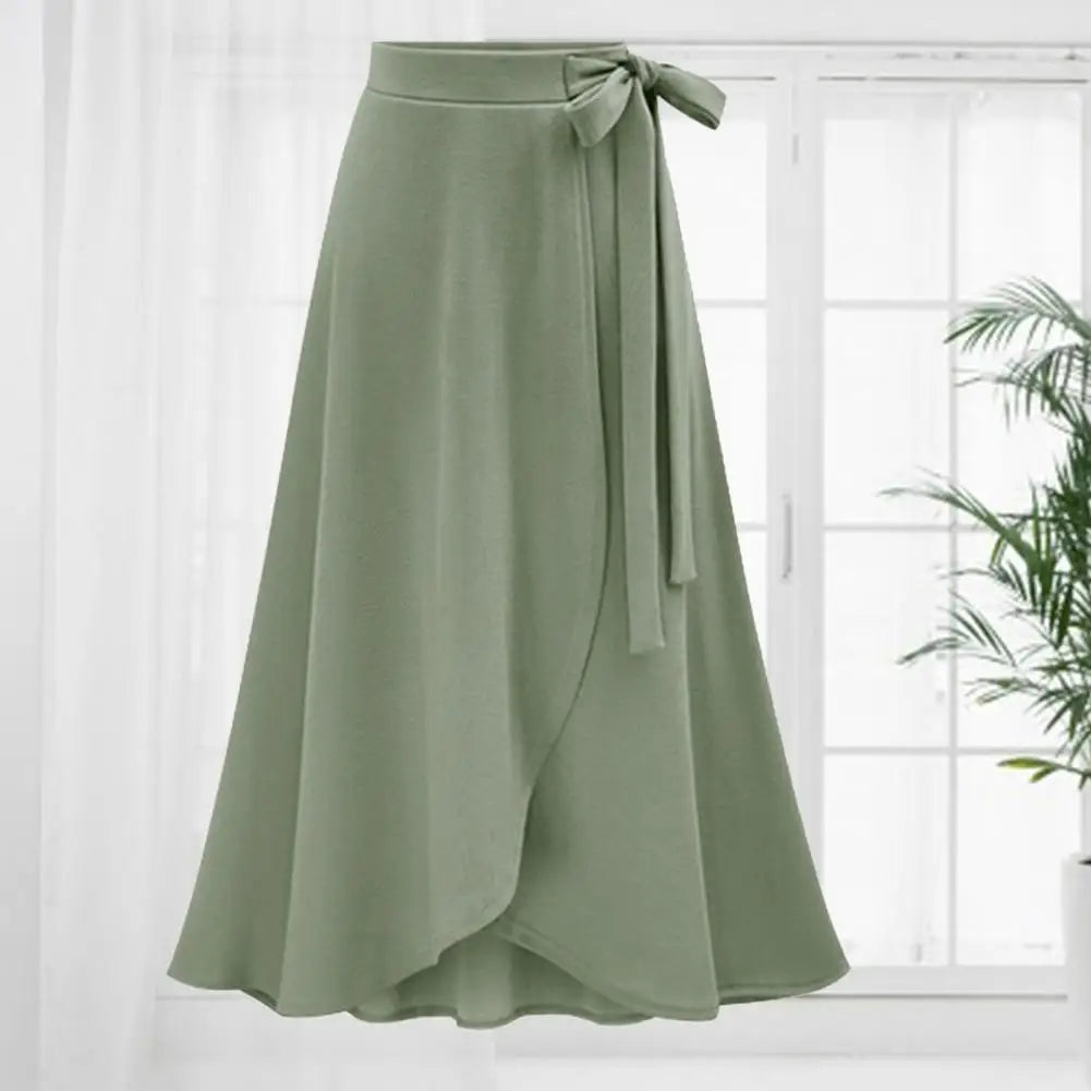 Model wearing a sophisticated high waist A-line long skirt, highlighting its flattering silhouette and mid-calf length suitable for fashionable women.