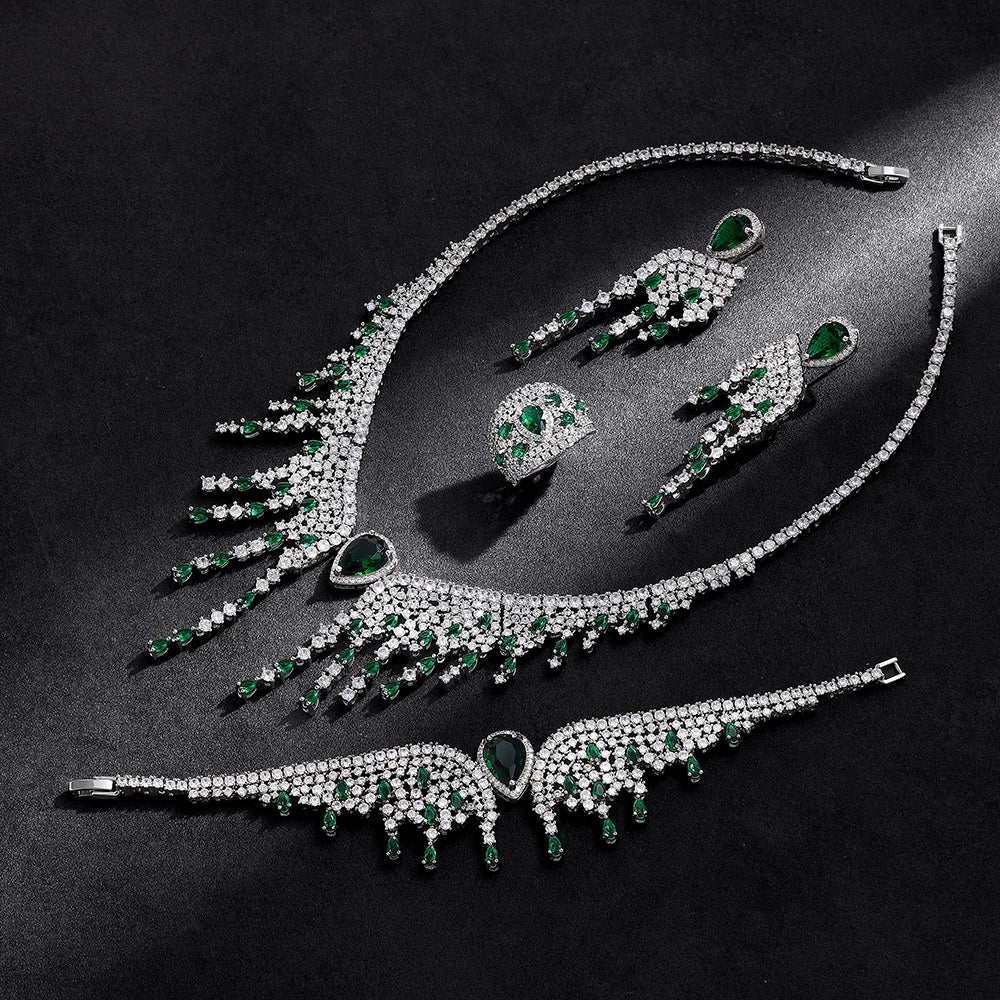 Complete luxury bridal jewelry set displayed on a soft fabric, highlighting the trendy geometric design and gleaming cubic zirconia stones.