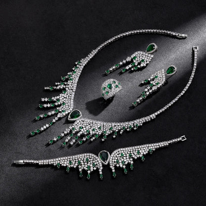 Complete luxury bridal jewelry set displayed on a soft fabric, highlighting the trendy geometric design and gleaming cubic zirconia stones.