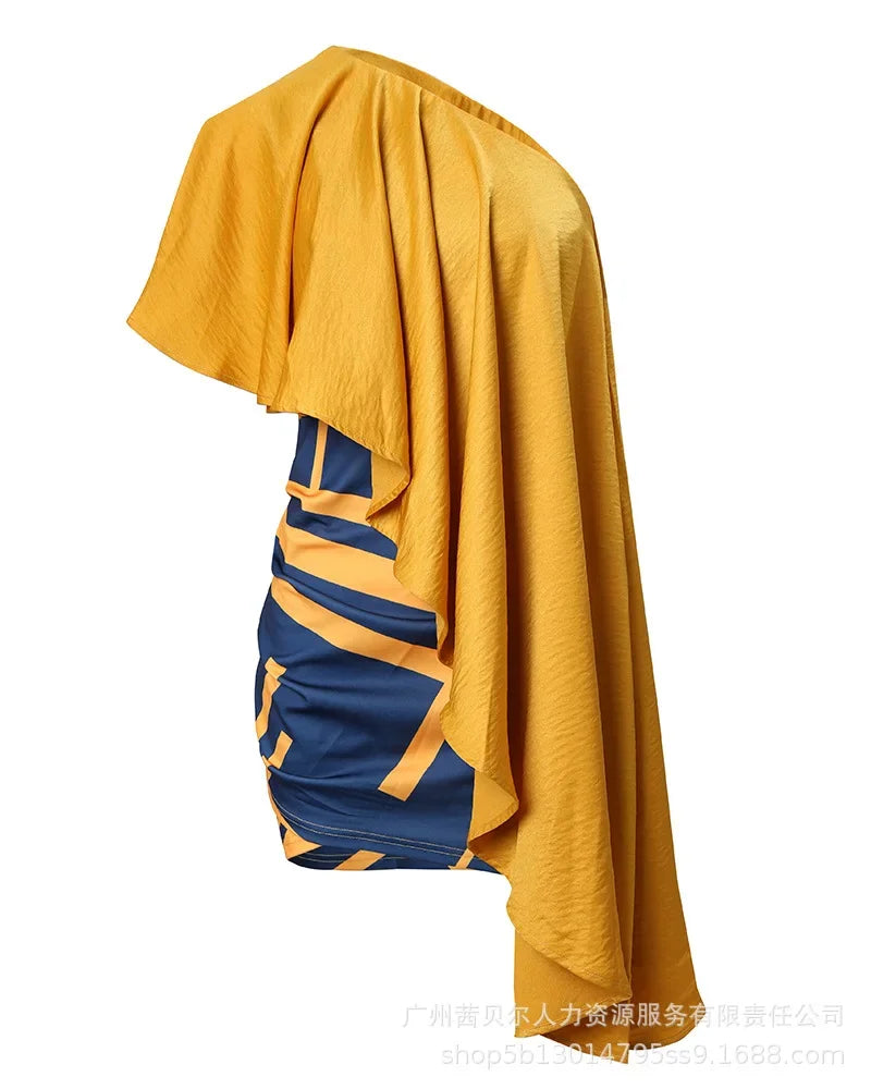 Elegant close-up of luxury red one shoulder A-line dress showcasing high-quality polyester fabric and modern silhouette.