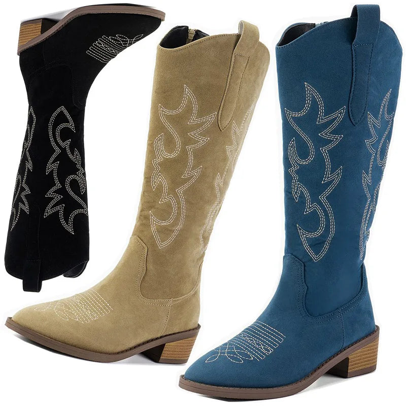 Elegant women's Chelsea cowboy knee-high boots with mid heels, showcasing a sleek zipper closure and a punk fashion design, available in sizes 36-50.