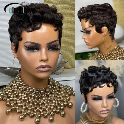 Elegant woman wearing a short curly pixie cut wig, demonstrating the sophisticated look of the Peruvian hair.