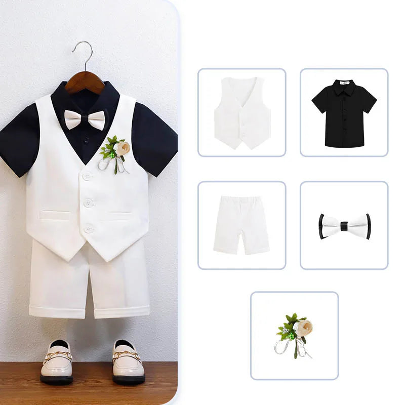 Luxury boys green and white baptism photography suit set including vest, shirt, shorts, and bowtie for ages 7-13 years, perfect for formal occasions and ceremonies.