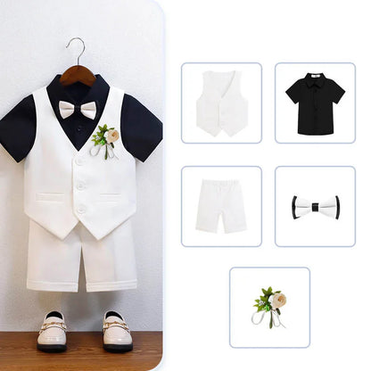 Luxury boys green and white baptism photography suit set including vest, shirt, shorts, and bowtie for ages 7-13 years, perfect for formal occasions and ceremonies.