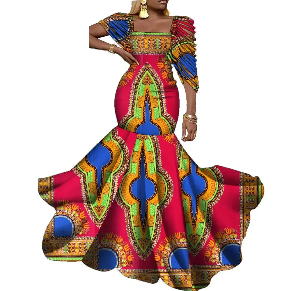 Sophisticated African wax print dress for women, available in an extensive size range, embodying luxury and cultural richness.