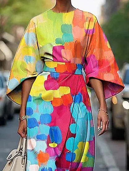 Versatile Modigirl summer midi dress displayed on a mannequin, highlighting its relaxed silhouette, short sleeves, and exquisite tied waist detail, suitable for casual outings.