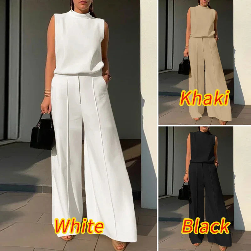 Sophisticated summer outfit for women, featuring straight cut wide-leg pants and a stand collar sleeveless top in an elegant colour.