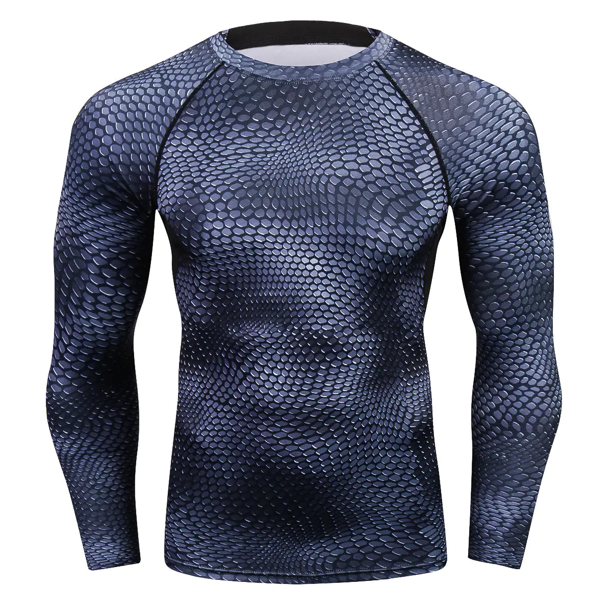 Exquisite black men's long sleeve compression shirt with a striking snake scale pattern, crafted for comfort and performance.