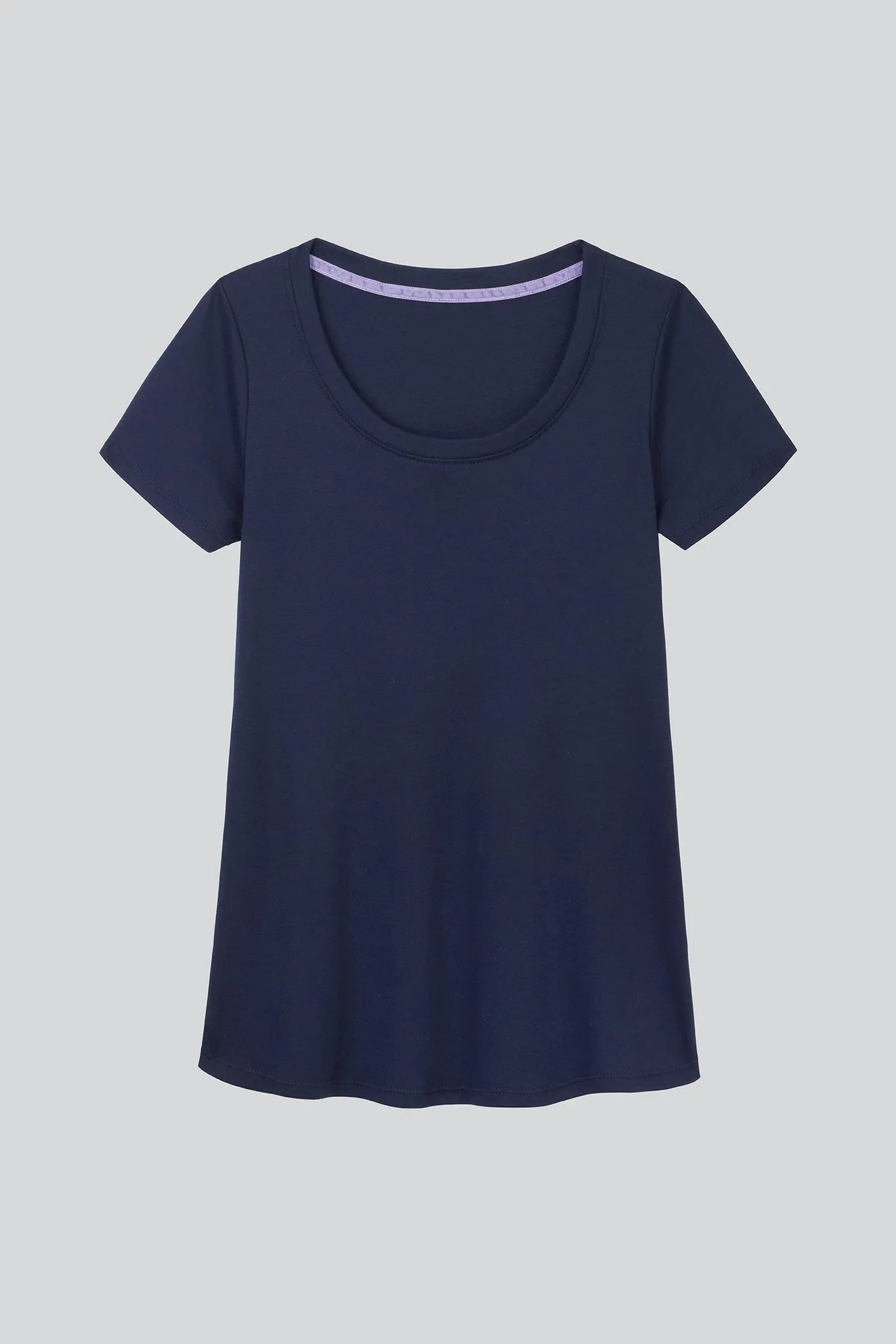 Versatile women's scoop neck t-shirt in various colours, highlighting its tailored fit, suitable for layering or standalone elegance.