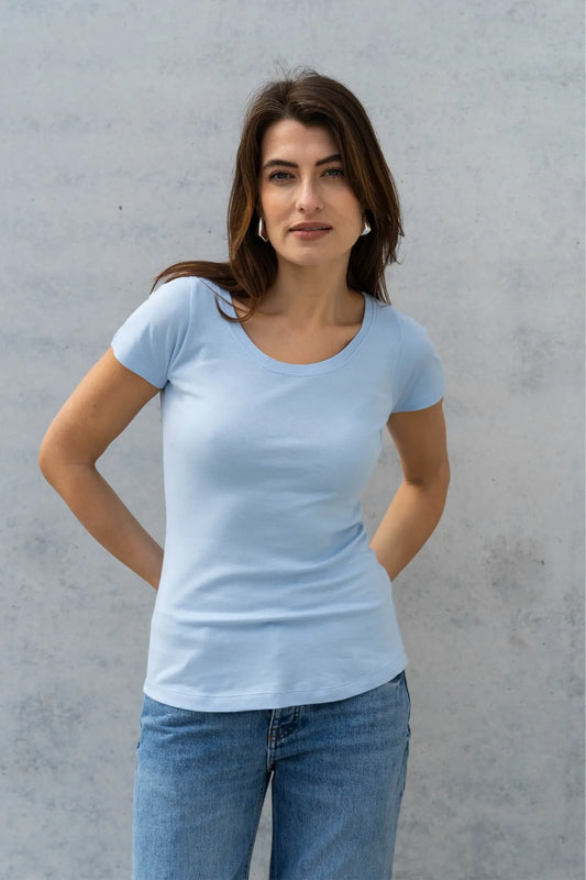 Luxuriously soft women's scoop neck cotton modal blend t-shirt in elegant design, showcasing its delicate fabric and flattering cut.