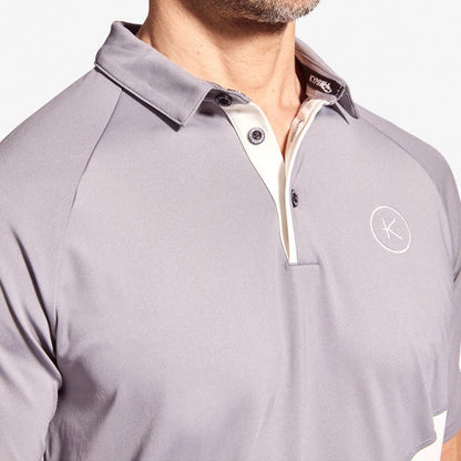 KYMIRA Men's Infrared Golf Polo Shirt displayed on a hanger, showcasing sophisticated style and performance fabric ideal for golf enthusiasts.