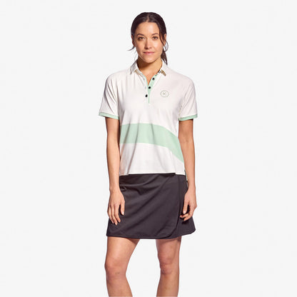 Stylish group shot of various sizes and colours of KYMIRA women's infrared golf polo shirts from the Strike Collection, perfect for avid golfers.