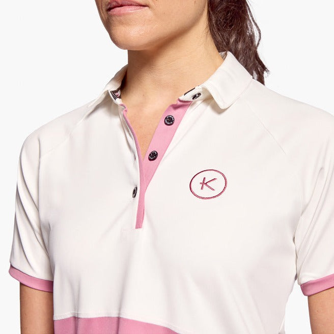 Elegant fit of KYMIRA's Strike Collection women's infrared golf polo shirt, displayed on a mannequin, designed for size range S-XL.