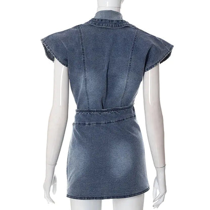Chloe Women's Denim Skirt Set - Elegant back view of the denim top, highlighting the fitted silhouette and luxurious fabric.