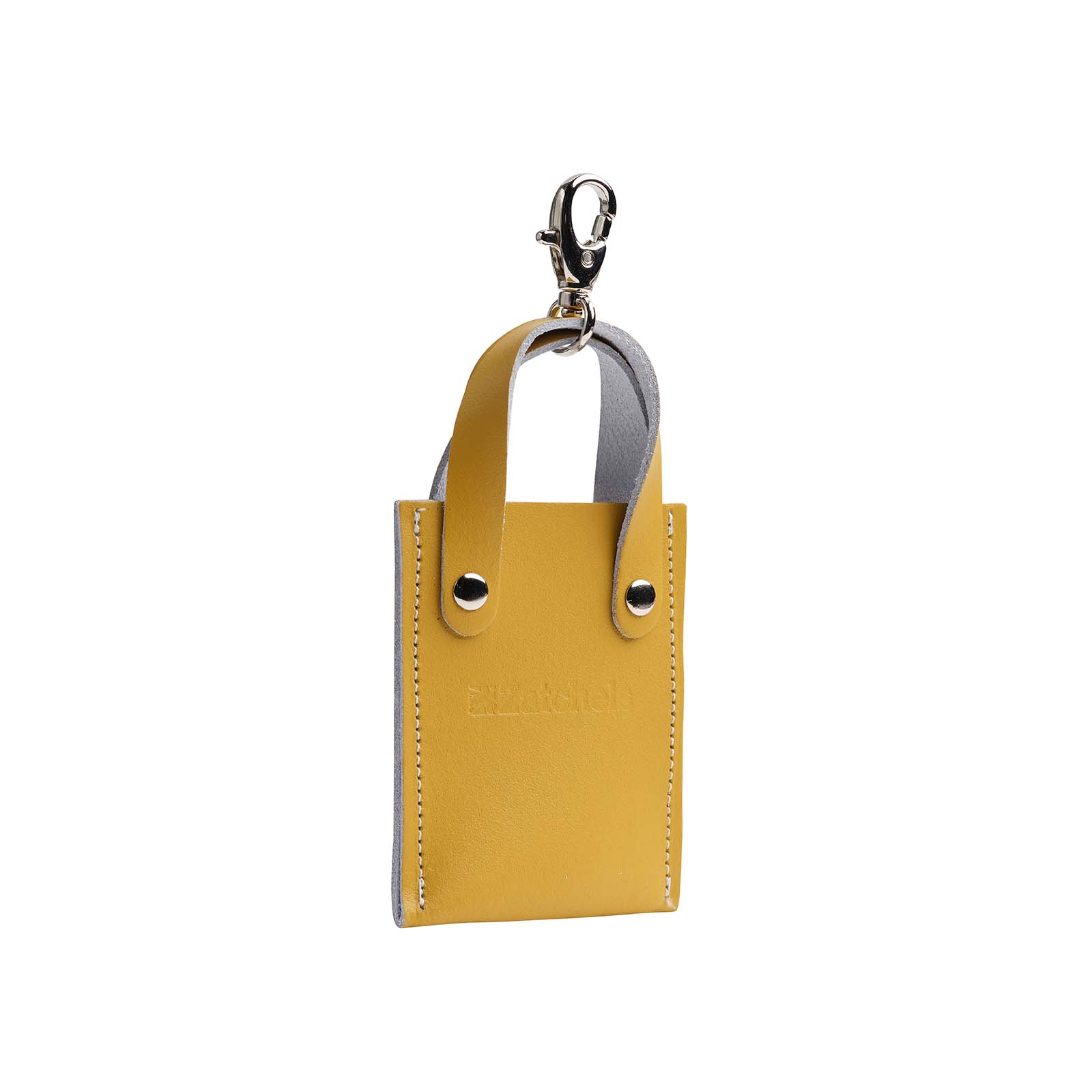Ochre yellow leather mini tote bag charm handcrafted in England, measuring 70 x 125 mm, showcasing elegance and sophistication.