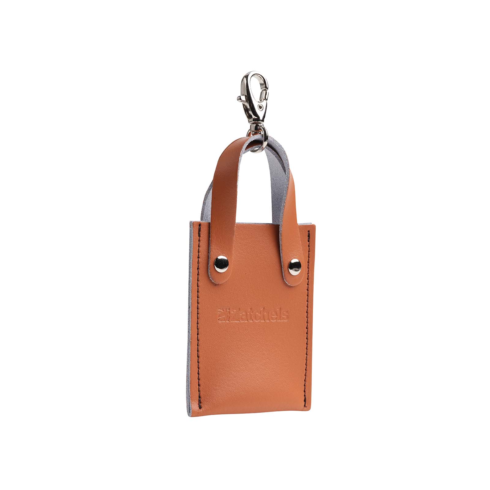 Luxury hand-crafted mini tote bag charm in vibrant burnt orange, made from genuine leather, measuring 70 x 125 mm, perfect for elevating accessories with style and elegance.