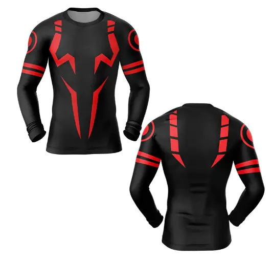 Refined black long-sleeve compression shirt adorned with striking red accents and a Sukuna motif, designed for a standout performance in fitness and fashion.