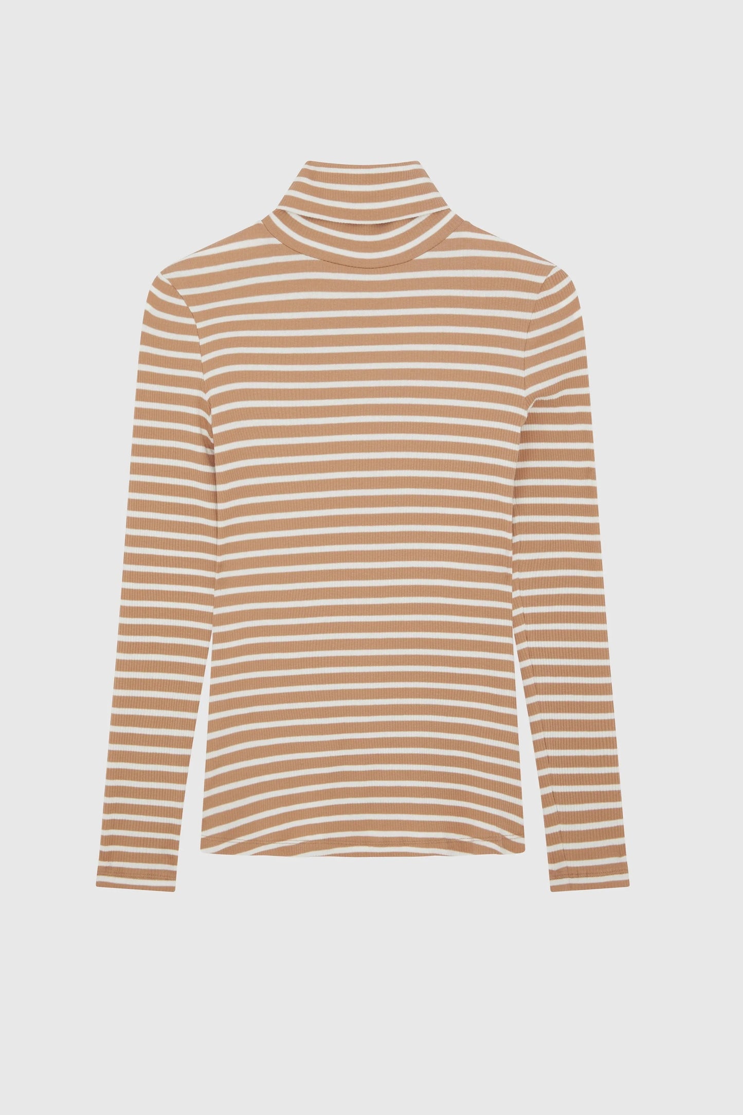 Elegant display of the luxury striped cotton roll neck top, highlighting its flattering fit and classic polo neck design.