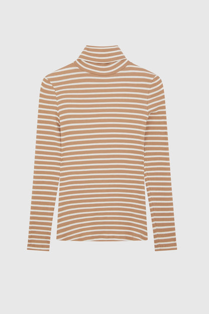 Elegant display of the luxury striped cotton roll neck top, highlighting its flattering fit and classic polo neck design.